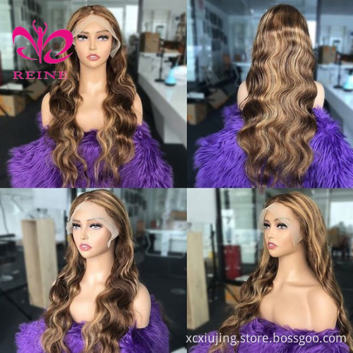 REINE Design Honey Blonde Highlight Wigs,Color 4/27 Highlight Lace Frontal Human Hair Full Lace Frontal Wigs,Brown Highlight Wig